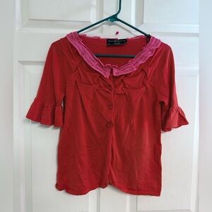 Pringle Scotland Cotton Reddish Pink Blouse with Pink Ruffle